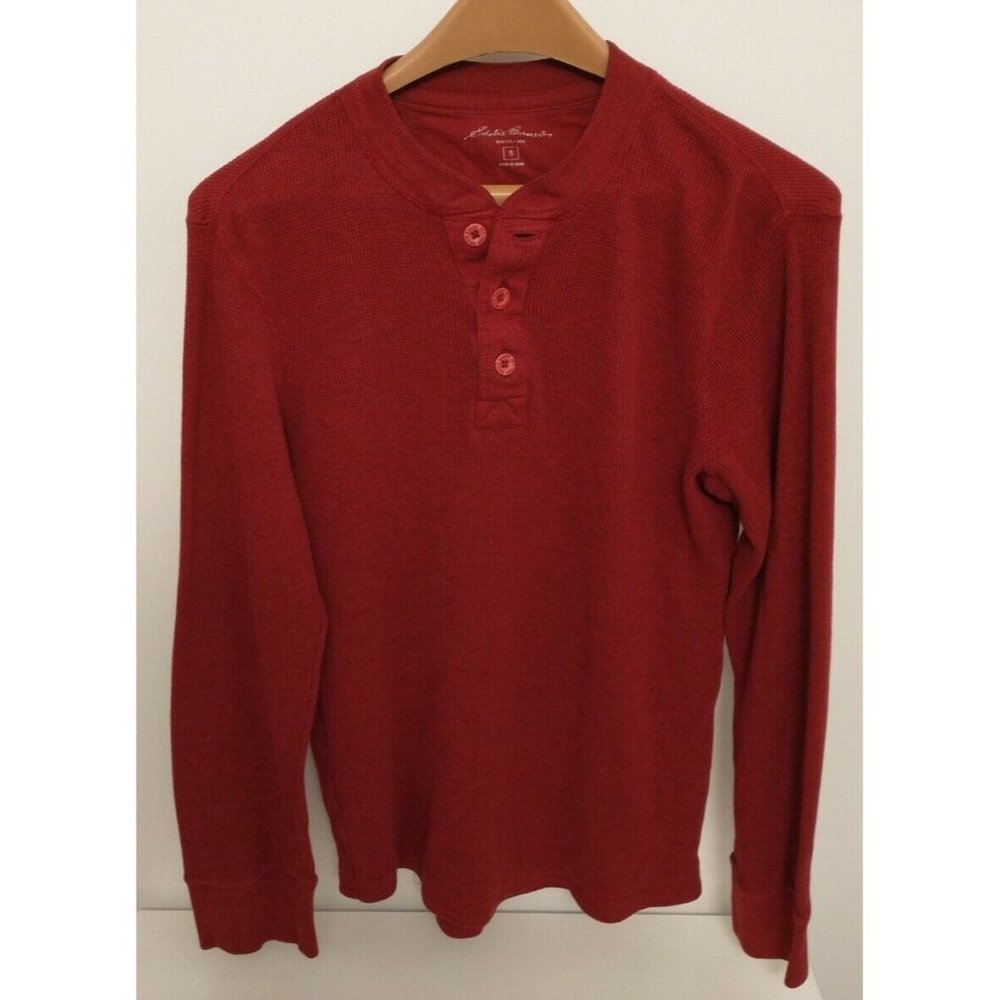 Eddie Bauer Men's Size Small Red Long Sleeve 3 Button Waffle Knit Shirt